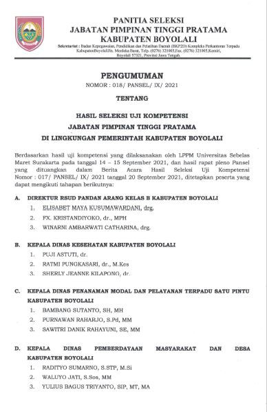 Pengumuman Seleksi Uji Kompetensi JPT Pratama Kab. Boyolali Tahun 2021